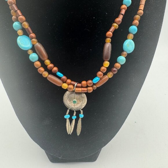 Multi-Layered Wooden & Turquoise Beaded Necklace W/ Silver Tone Pendant - Picture 2 of 4
